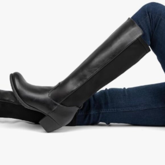 Knee High Tall Riding Boots, Round Toe Low Heel Stretchy Comfy Wide Calf - Picture 4 of 5